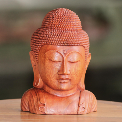 Holzstatuette - Handgefertigte Buddha-Kopfstatuette aus balinesischem Suar-Holz