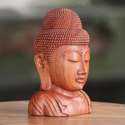 Wood statuette, 'Divine Buddha' - Hand Crafted Balinese Suar Wood Buddha Head Statuette