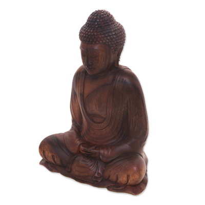 Wood statuette, 'Serenity Buddha' - Hand Crafted Balinese Suar Wood Buddha Meditation Statuette
