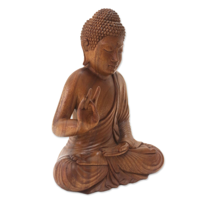 Wood statuette, 'Buddha Peace' - Hand Crafted Balinese Suar Wood Buddha Meditation Statuette