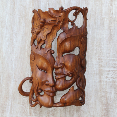Wood mask, 'Nature's Romance' - Hand Crafted Balinese Suar Wood Wall Mask