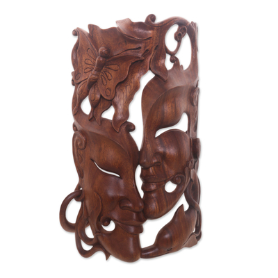 Wood mask, 'Nature's Romance' - Hand Crafted Balinese Suar Wood Wall Mask