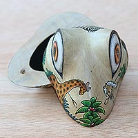 Wood jewelry box, 'Wilderness Frog' - Hand Painted Frog Shaped Crocodile Wood Animal Jewelry Box