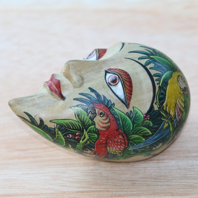 Wood Jewellery box, 'Parrot Princess' - Hand Made Teardrop Shaped Hand Painted Face Jewellery Box