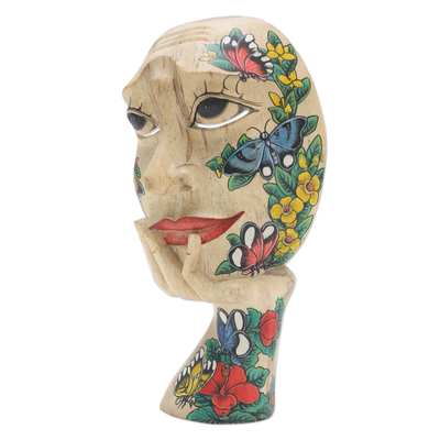 Wood mask, 'Butterfly Smile' - Hand Carved Hibiscus Wood Floral and Butterfly Mask