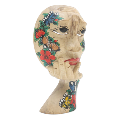 Wood mask, 'Butterfly Smile' - Hand Carved Hibiscus Wood Floral and Butterfly Mask