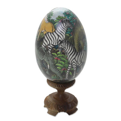 Wood egg statuette, 'Jungle Beauty' - Hand Carved and Painted Jungle Scene Egg Statuette and Stand