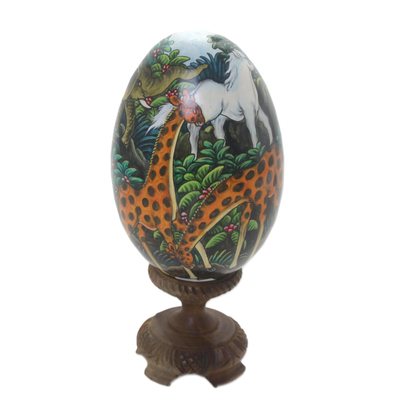 Wood egg statuette, 'Jungle Beauty' - Hand Carved and Painted Jungle Scene Egg Statuette and Stand