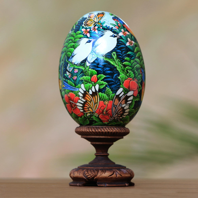 Wood sculpture, 'Fantastic Forest' - Hand Painted Albesia Wood Forest Animal Egg Sculpture