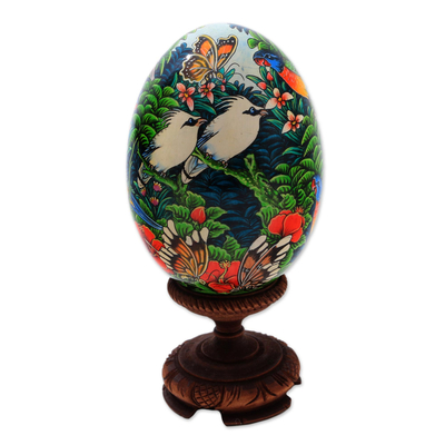 Hand Painted Albesia Wood Forest Animal Egg Sculpture