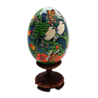 Wood sculpture, 'Fantastic Forest' - Hand Painted Albesia Wood Forest Animal Egg Sculpture