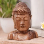 Wood statuette, 'Serenity of Buddha' - Hand Carved Suar Wood Buddha's Head Statuette from Bali