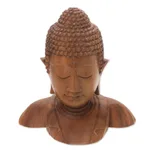 Wood statuette, 'Serenity of Buddha' - Hand Carved Suar Wood Buddha's Head Statuette from Bali