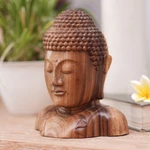 Wood statuette, 'Serenity of Buddha' - Hand Carved Suar Wood Buddha's Head Statuette from Bali