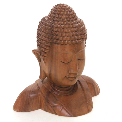 Holzstatuette – Handgeschnitzte Buddha-Kopfstatuette aus Suar-Holz aus Bali