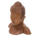 Wood statuette, 'Serenity of Buddha' - Hand Carved Suar Wood Buddha's Head Statuette from Bali