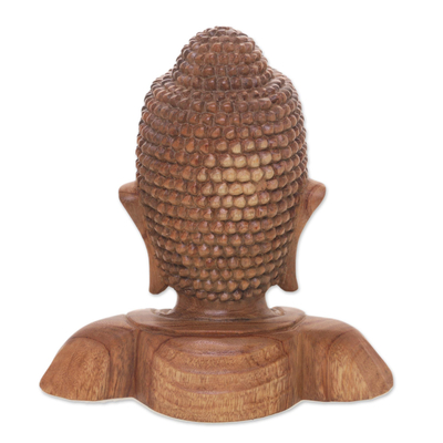 Wood statuette, 'Serenity of Buddha' - Hand Carved Suar Wood Buddha's Head Statuette from Bali