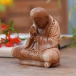 Wood statuette, 'Meditative' - Handcrafted Balinese Suar Wood Meditating Buddha Statuette