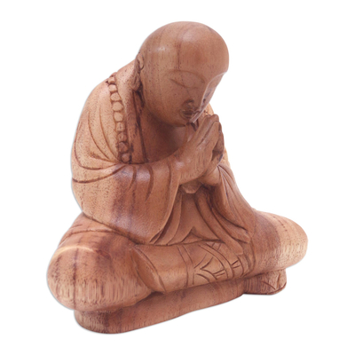 Wood statuette, 'Meditative' - Handcrafted Balinese Suar Wood Meditating Buddha Statuette