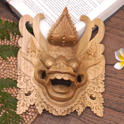 Holzmaske, 'Barong Guardian' - Handgeschnitzte Krokodilholz-Wandmaske von Barong aus Bali