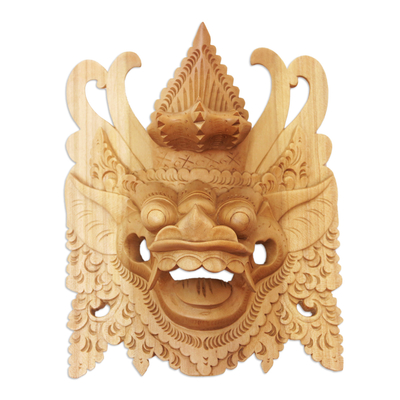 Hand-Carved Crocodile Wood Wall Mask of Barong from Bali