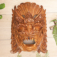 Máscara de madera, 'Barong Sai' - Máscara de madera de acacia artesanal hecha a mano Barong Sai indonesio