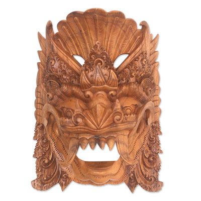 Wood mask, 'Barong Sai' - Artisan Handmade Acacia Wood Mask Indonesian Barong Sai