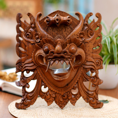 Máscara de madera - Máscara de pared de madera de acacia tallada a mano de Barong de Bali