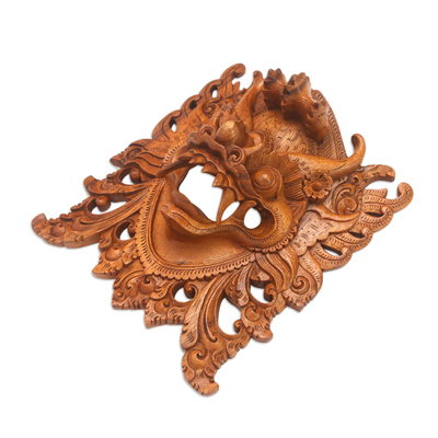 Wood mask, 'Watchful Barong' - Hand-Carved Acacia Wood Wall Mask of Barong from Bali