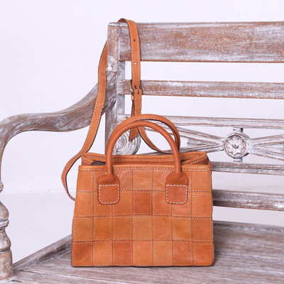 Leather sling, 'Keraton Tiles' - Square Motif Leather Sling Handbag from Java