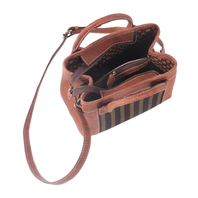 Cotton accent leather handbag, 'Midnight Lines' - Handcrafted Cotton Accent Leather Handbag from Java