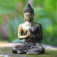Bronze sculpture, 'Peaceful Prayer' - Handmade Gold Colored Bronze Praying Buddha Statue from Bali