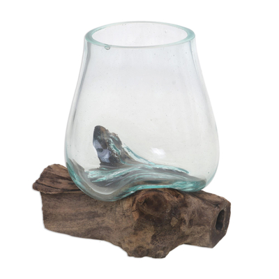 Blown glass and wood vase, 'Clear Horizon' - Blown Glass and Albesia Wood Vase Made in Bali