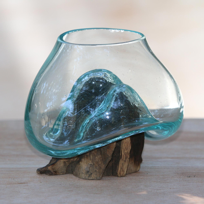 Glass and wood sculpture, 'Clear Blue Beauty' - Handmade Albesia Wood Hand Blown Blue Glass Sculpture