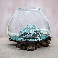 Blown glass and wood vase, 'Rocky Horizon' - Handmade Blown Glass and Albesia Wood Vase Made in Bali