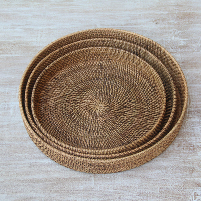 Ate grass and bamboo catchalls, 'Lombok Companions' (set of 3) - Three Brown Ate Grass and Bamboo Catchalls from Indonesia