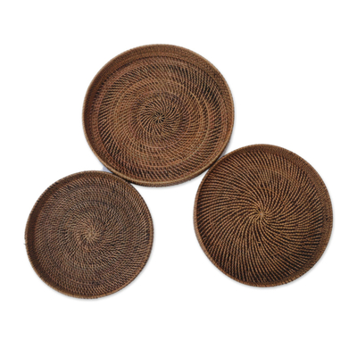 Ate grass and bamboo catchalls, 'Lombok Companions' (set of 3) - Three Brown Ate Grass and Bamboo Catchalls from Indonesia
