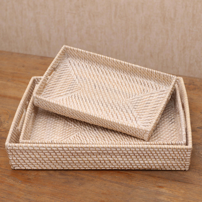 Ate grass and bamboo trays, 'Lombok Style' (set of 3) - Three Rectangular Natural Fiber Trays from Indonesia