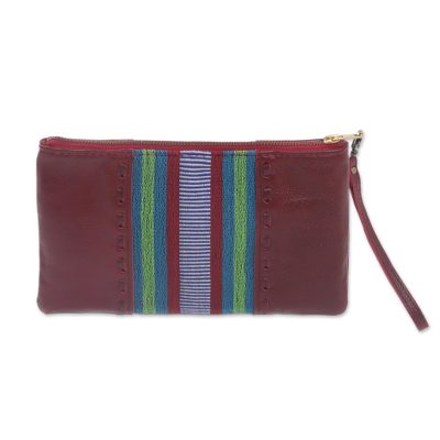 Handmade Leather and Cotton Wristlet Handbag from Java