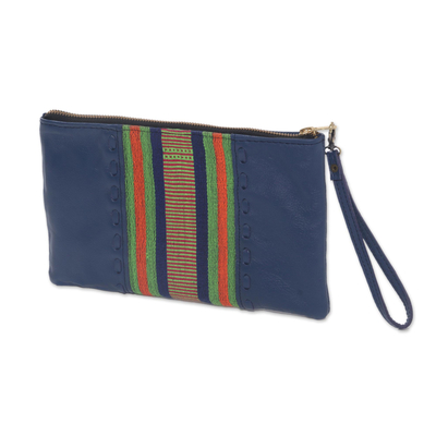 Leather and cotton wristlet, 'Casual Ikat in Blue' - Handmade Blue Leather and Cotton Wristlet Handbag from Java