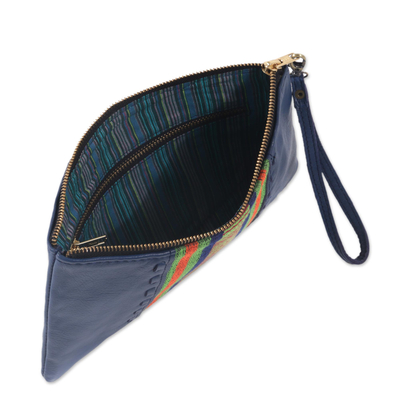 Armband aus Leder und Baumwolle - Handgefertigte Handtasche aus blauem Leder und Baumwolle aus Java