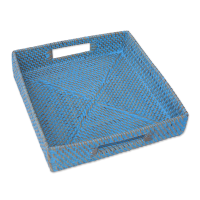 Ate grass and bamboo tray, 'Mataram Weave in Blue' - Ate Grass and Natural Fiber Tray in Blue from Indonesia