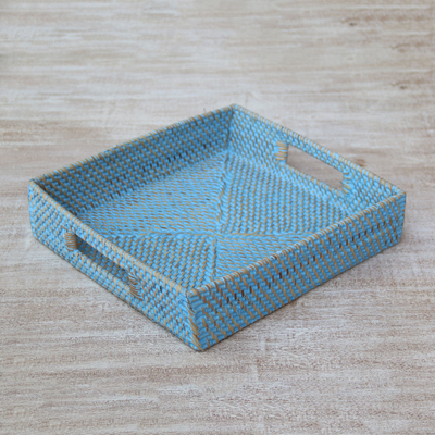 Ate grass and bamboo tray, 'Mataram Weave in Blue' - Ate Grass and Natural Fiber Tray in Blue from Indonesia