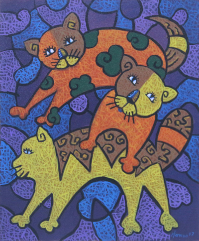 Signed Cubist Painting of Three Cats from Java