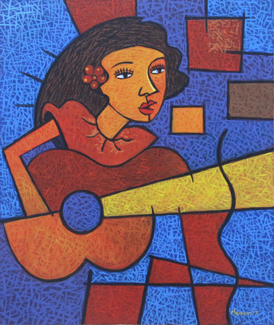 Signed Cubist Painting of a Guitarist from Java