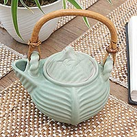Ceramic teapot, 'Banana Frog' - Hand Crafted Green Ceramic Frog Motif Teapot