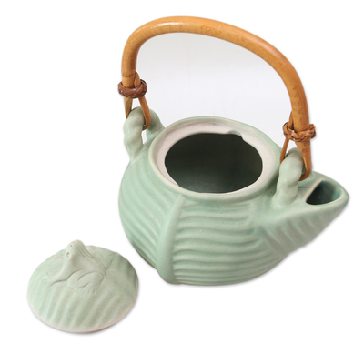 Ceramic teapot, 'Banana Frog' - Hand Crafted Green Ceramic Frog Motif Teapot