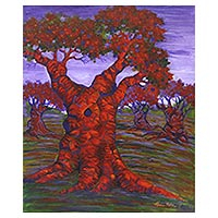 'Plumeria I' - Tree-Themed Signed Impressionist Painting from Java