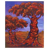 'Plumeria Sunset' - Signed Impressionist Painting of Two Trees from Java
