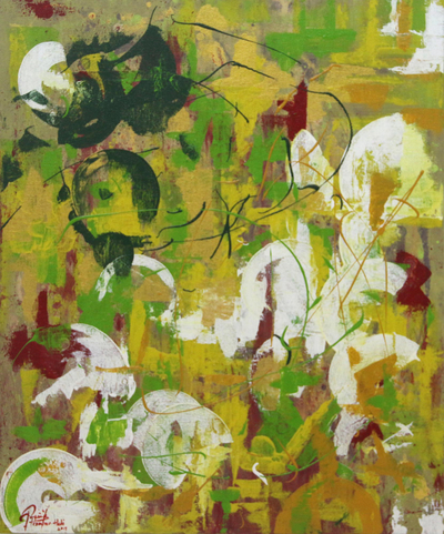 'Solitario entre la multitud' - Pintura abstracta colorida firmada de Java